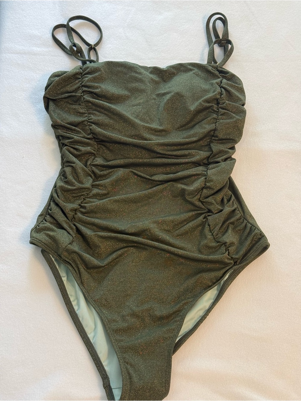 New CupShe Metallic Green Ruched One Piece Swimsuit. Size Medium.